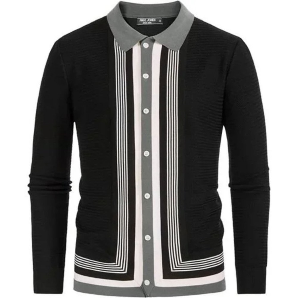 New Mens Long Sleeve Button Down Knitted Cardigan Sweaters, B-black+gray